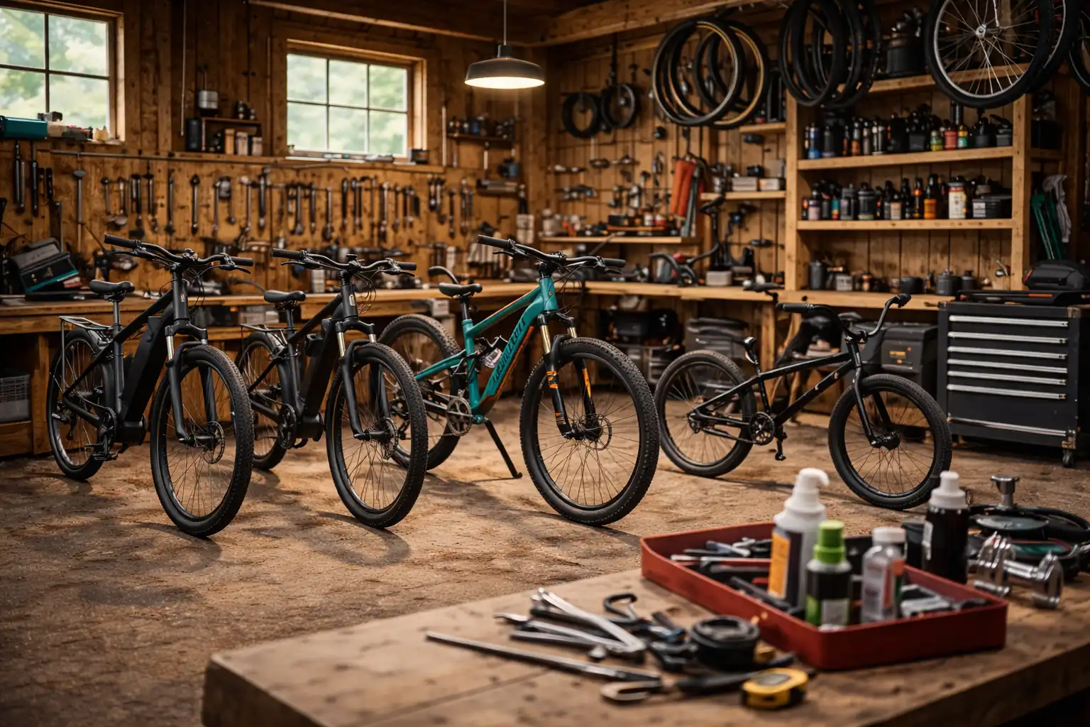 Fahrradwerkstatt mit Mountainbikes und Werkzeugen, ideal für Fahrradreparaturen und Wartung in gemütlicher Atmosphäre.